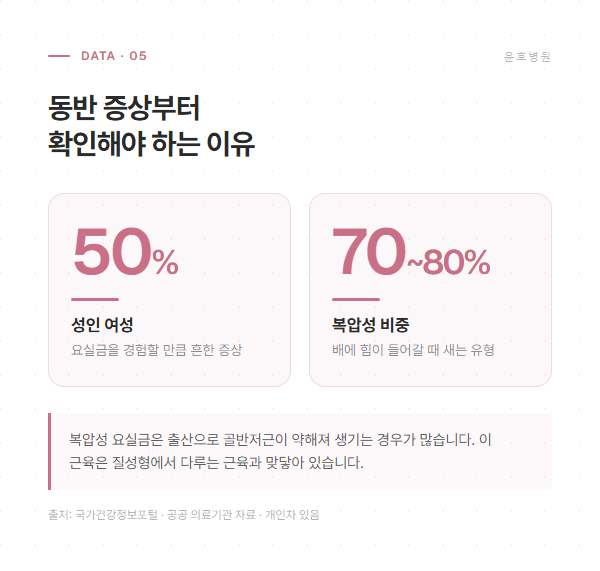 요실금이 흔하고 복압성 비중이 높다는 공공 자료 수치를 정리한 도해