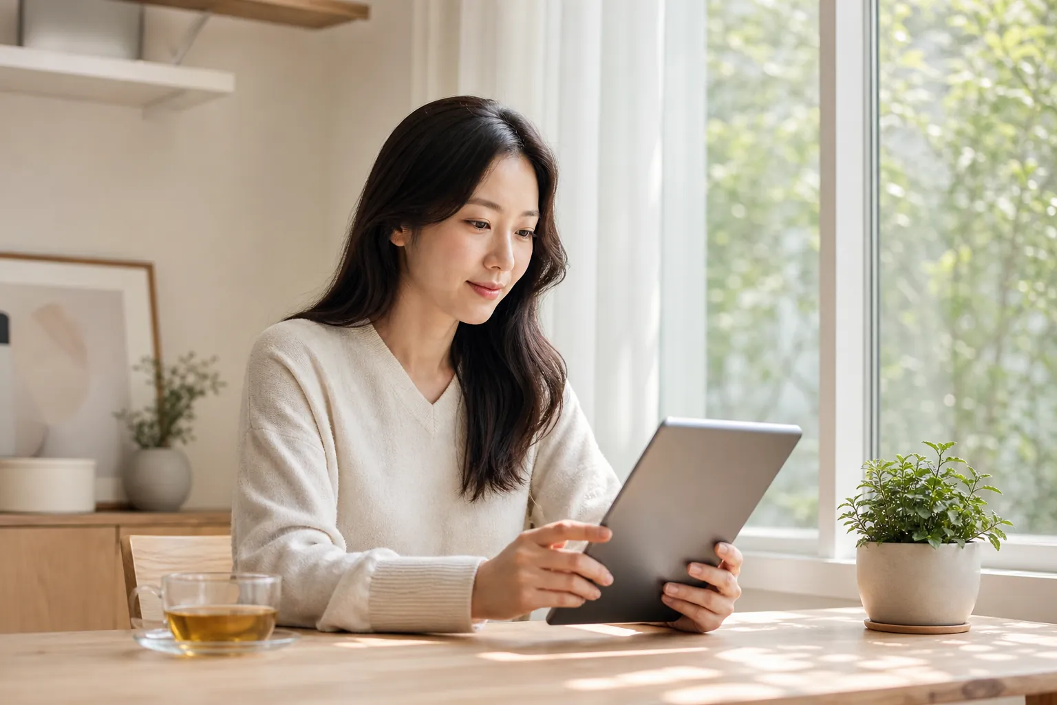 밝은 창가에서 태블릿으로 건강 정보를 차분히 살펴보는 여성