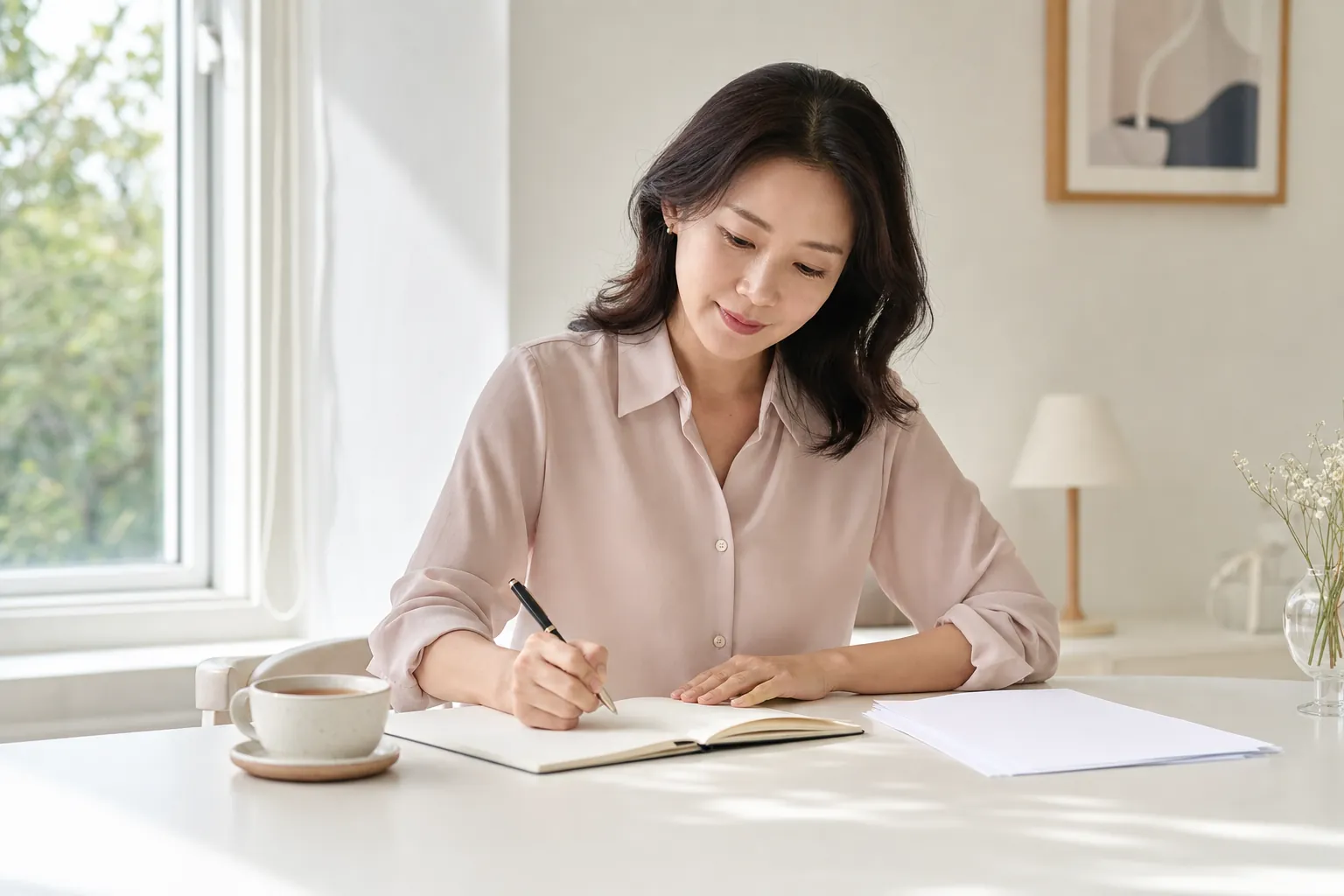 밝은 책상에서 차분히 메모하며 상담을 준비하는 여성