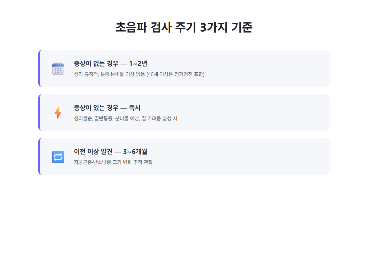 초음파 검사 주기 3가지 기준: 증상 없음 1~2년, 증상 있음 즉시, 이전 이상 발견 3~6개월