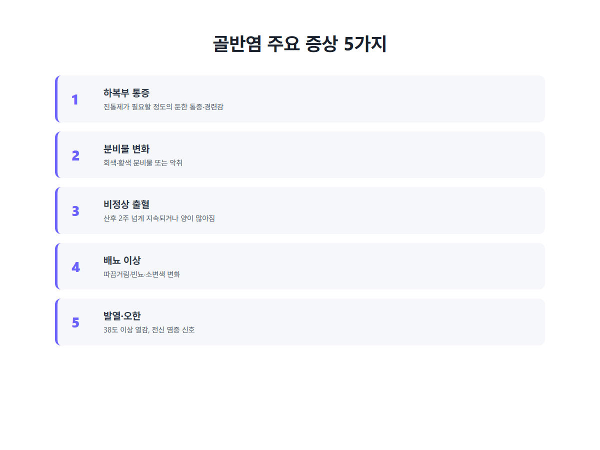 골반염 주요 증상 5가지: 하복부 통증, 분비물 변화, 비정상 출혈, 배뇨 이상, 발열·오한