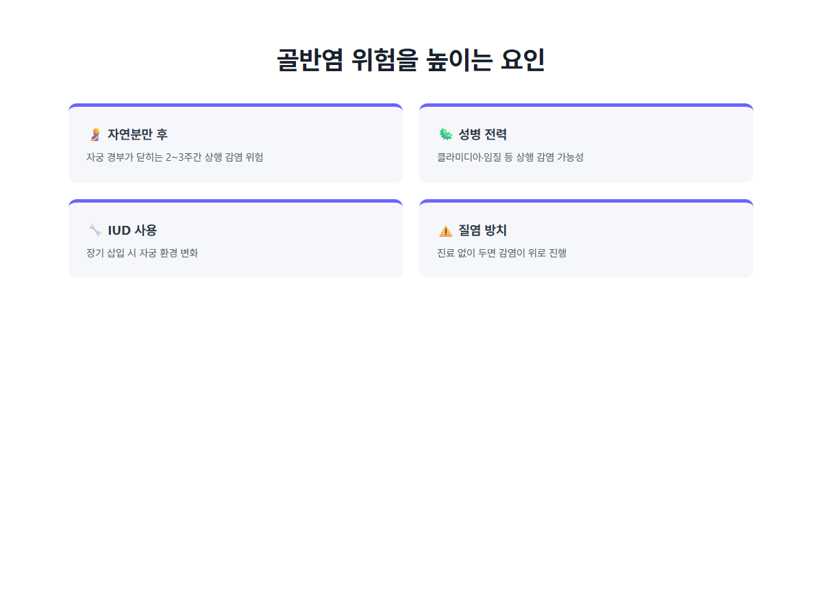 골반염 위험을 높이는 요인: 자연분만 후, 성병 전력, IUD 사용, 질염 방치