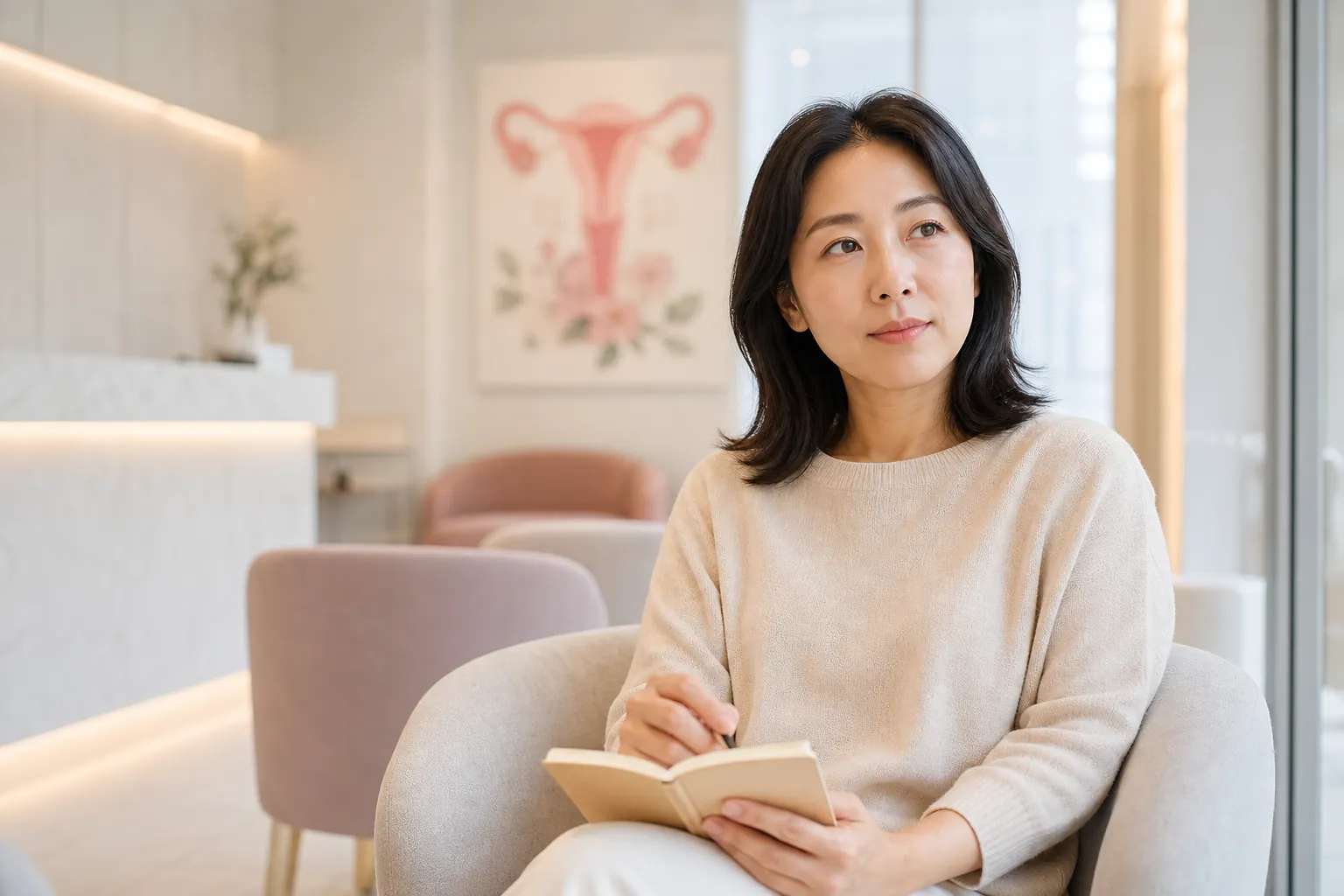 산부인과 대기 공간에서 편안하게 앉아 있는 여성