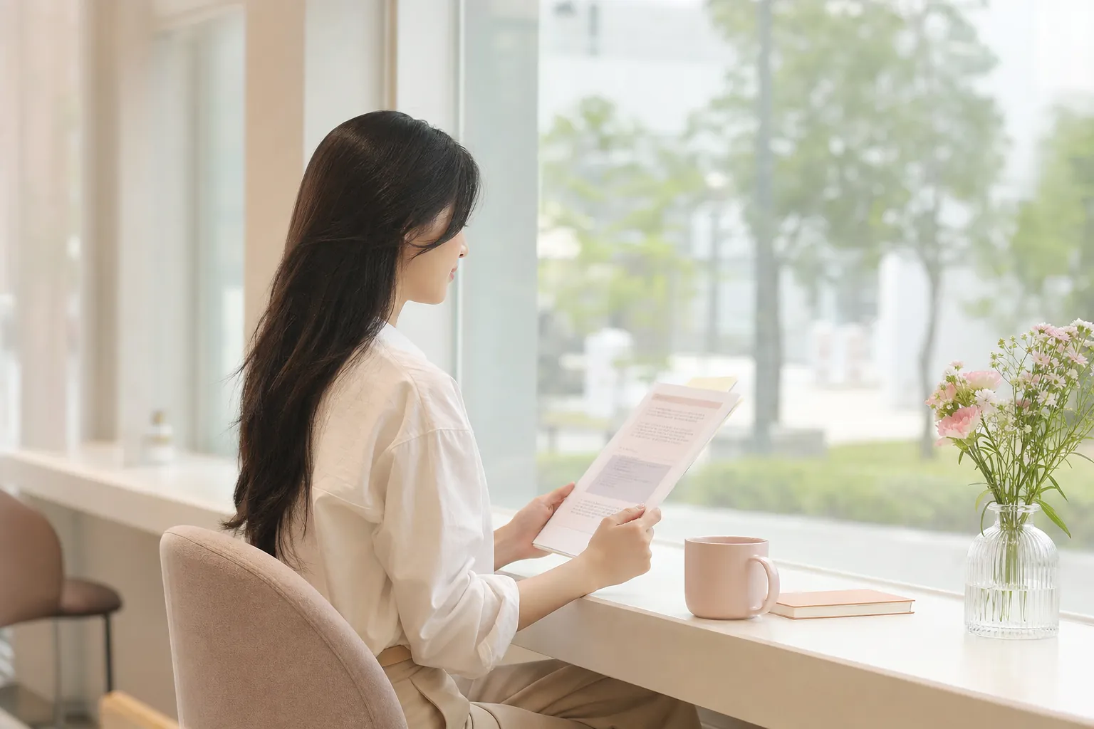 밝은 공간에서 편안히 앉아 있는 여성의 옆모습