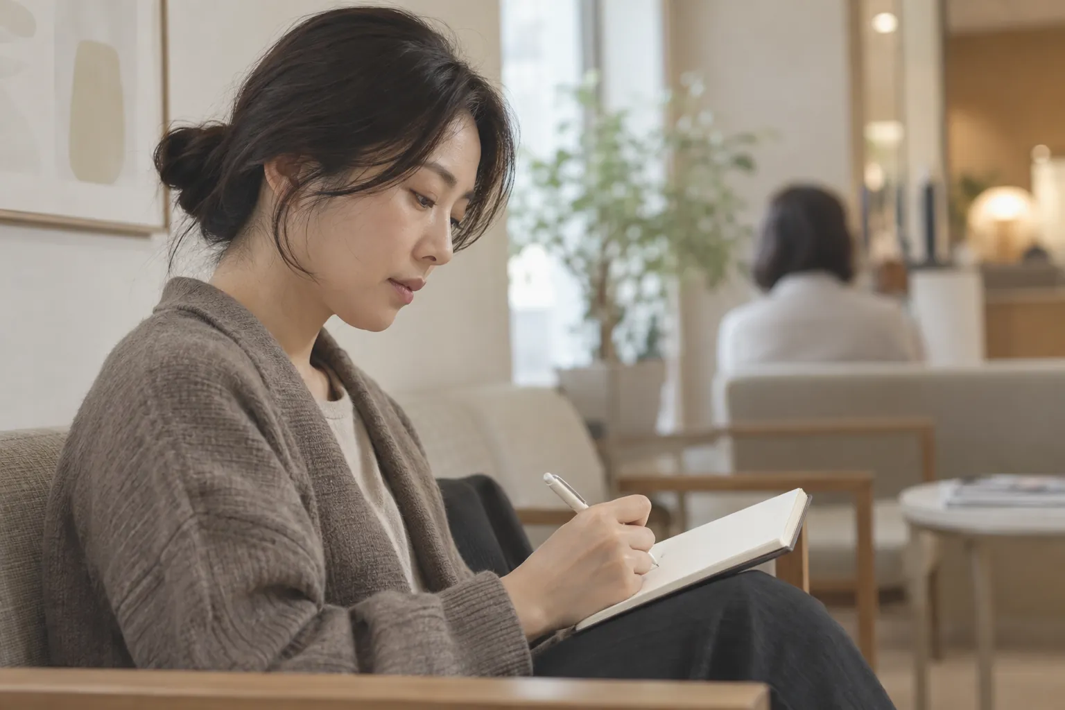 수첩에 궁금한 점을 메모하며 다음 상담을 준비하는 모습